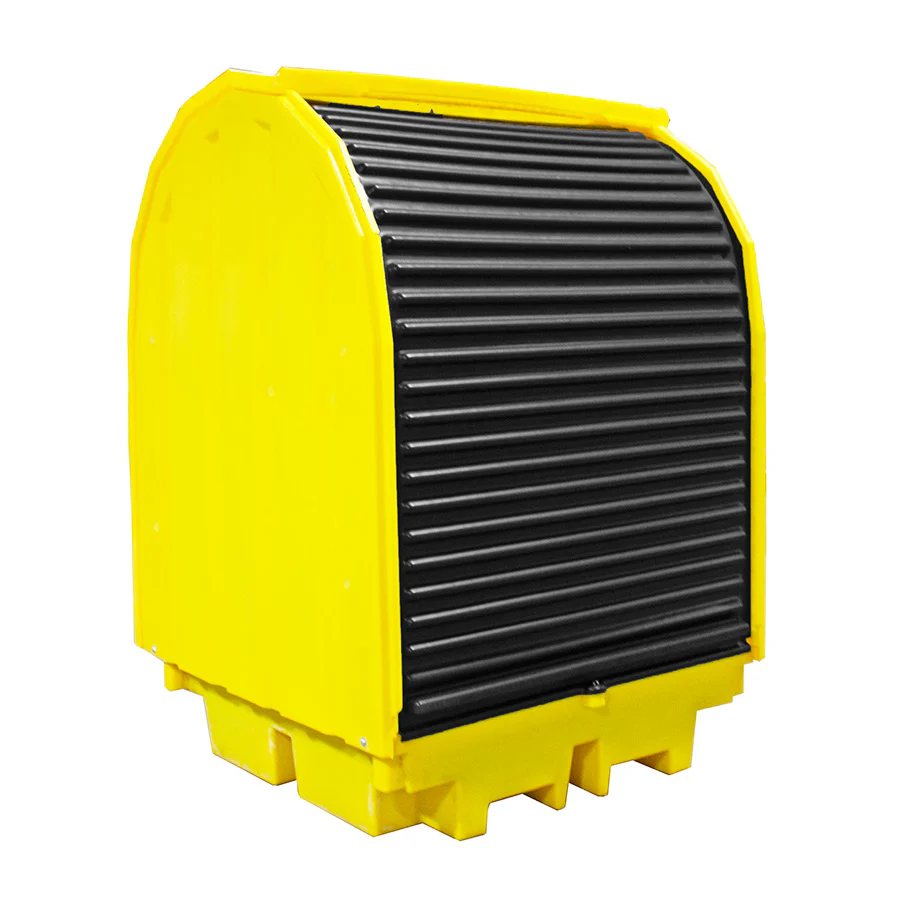 Hard Covered 4 Drum Bund Pallet With Lockable Roller Shutter Door